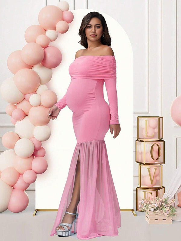 Off Shoulder Mesh Ruched Side Slit Maternity Maxi Dress for Maternity