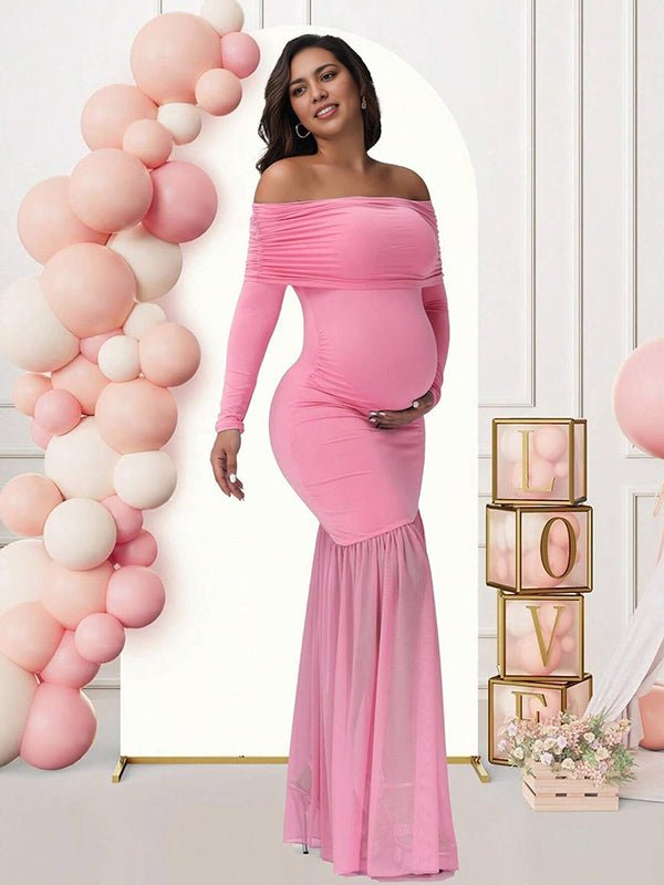 Off Shoulder Mesh Ruched Side Slit Maternity Maxi Dress for Maternity