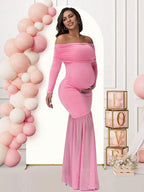 Off Shoulder Mesh Ruched Side Slit Maternity Maxi Dress for Maternity