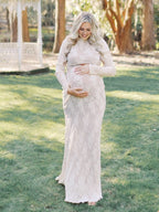 White Lace Ruffle Mermaid Elegant Maternity Maxi Dress for Maternity
