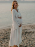 White Ruffle Big Swing Ruched Boho Maternity Maxi Dress for Maternity