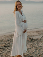 White Ruffle Big Swing Ruched Boho Maternity Maxi Dress for Maternity