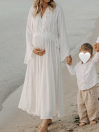 White Ruffle Big Swing Ruched Boho Maternity Maxi Dress for Maternity