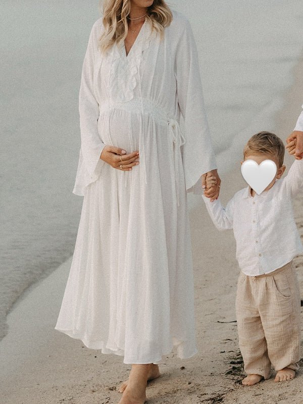 White Ruffle Big Swing Ruched Boho Maternity Maxi Dress for Maternity