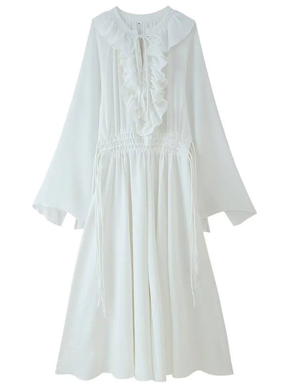 White Ruffle Big Swing Ruched Boho Maternity Maxi Dress for Maternity
