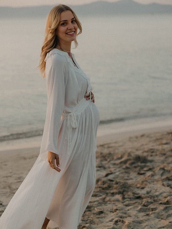 White Ruffle Big Swing Ruched Boho Maternity Maxi Dress for Maternity