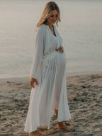 White Ruffle Big Swing Ruched Boho Maternity Maxi Dress for Maternity