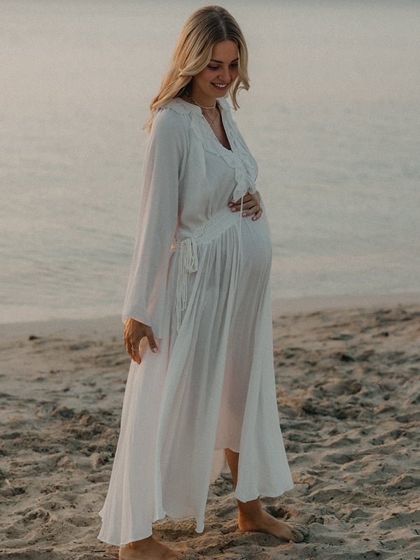 White Ruffle Big Swing Ruched Boho Maternity Maxi Dress for Maternity