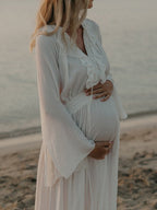 White Ruffle Big Swing Ruched Boho Maternity Maxi Dress for Maternity