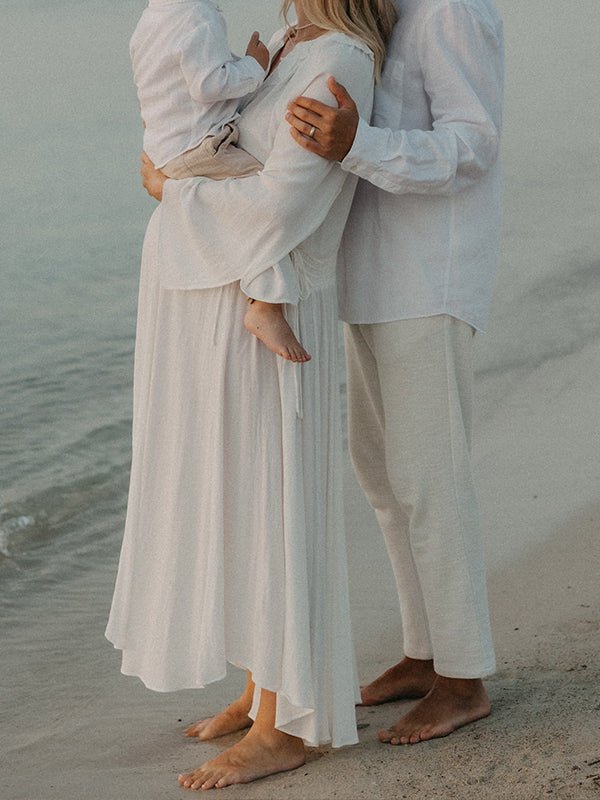 White Ruffle Big Swing Ruched Boho Maternity Maxi Dress for Maternity