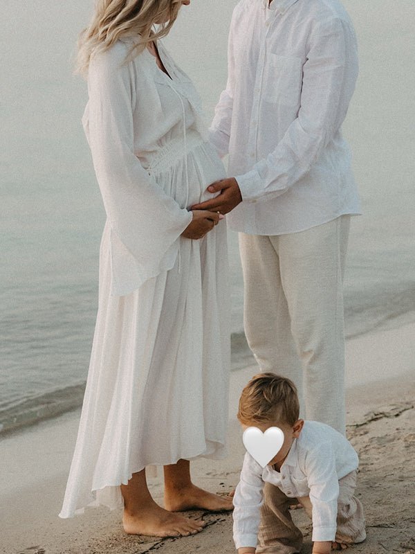White Ruffle Big Swing Ruched Boho Maternity Maxi Dress for Maternity