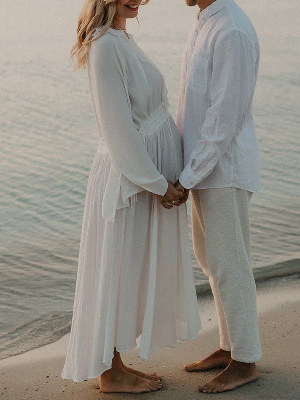 White Ruffle Big Swing Ruched Boho Maternity Maxi Dress for Maternity