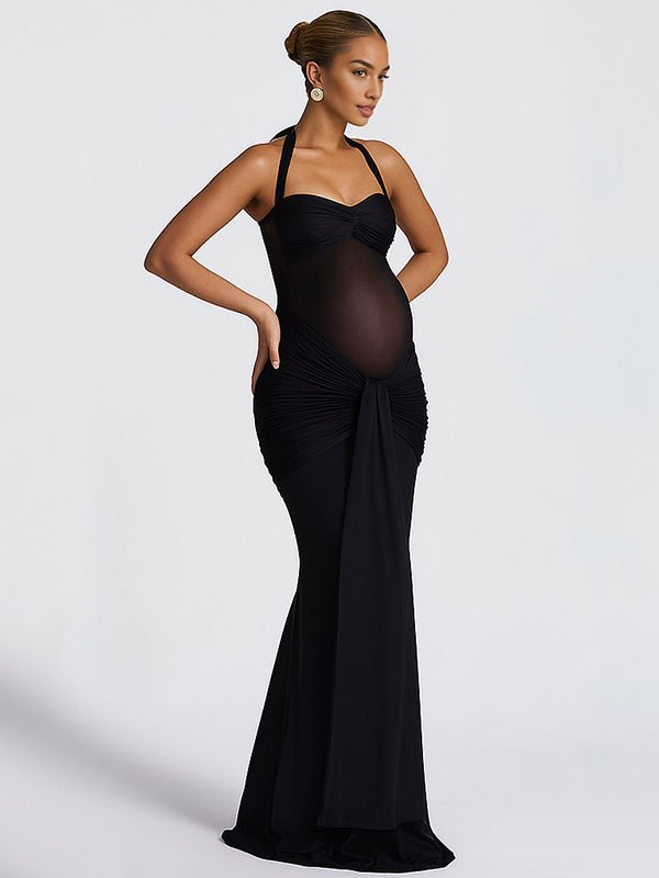 Mesh Ruched Draped Halter Neck Backless Maternity Maxi Dress for Maternity