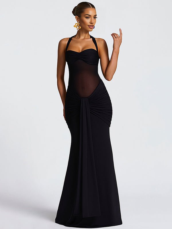 Mesh Ruched Draped Halter Neck Backless Maternity Maxi Dress for Maternity