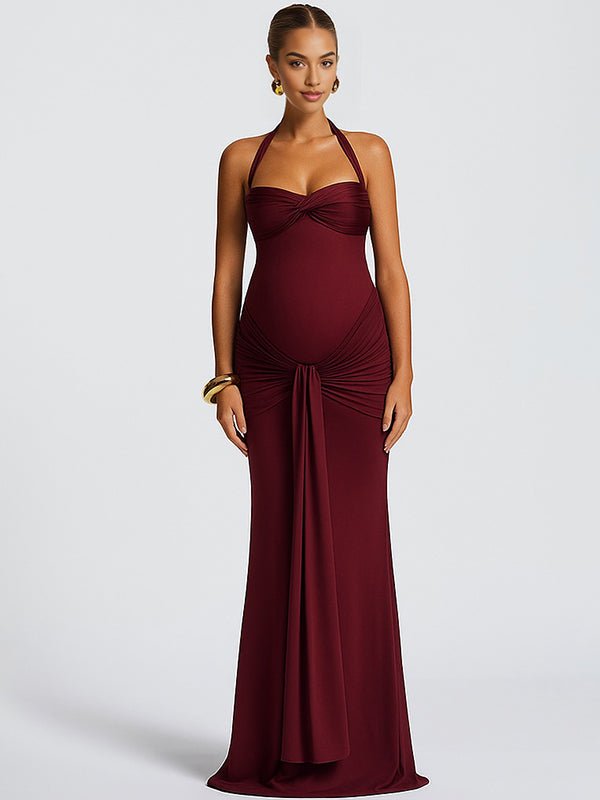 Mesh Ruched Draped Halter Neck Backless Maternity Maxi Dress for Maternity