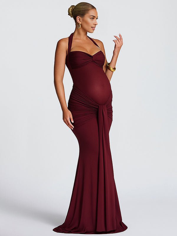 Mesh Ruched Draped Halter Neck Backless Maternity Maxi Dress for Maternity