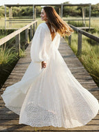 Cream White Ruched Backless Big Swing Lantern Sleeve Boho Maternity Maxi Dress for Maternity