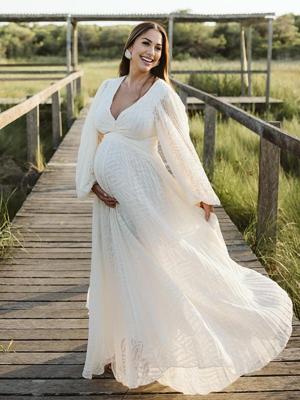 Cream White Ruched Backless Big Swing Lantern Sleeve Boho Maternity Maxi Dress for Maternity
