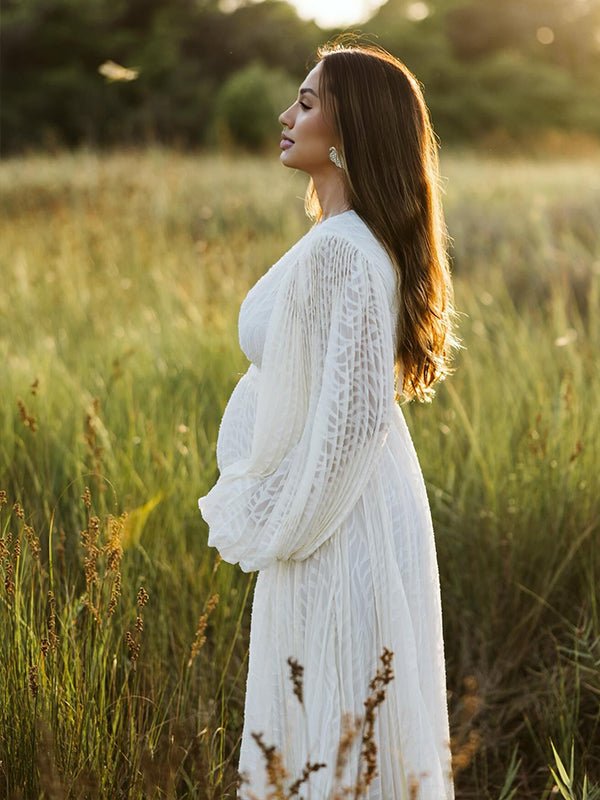Cream White Ruched Backless Big Swing Lantern Sleeve Boho Maternity Maxi Dress for Maternity