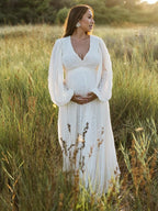 Cream White Ruched Backless Big Swing Lantern Sleeve Boho Maternity Maxi Dress for Maternity