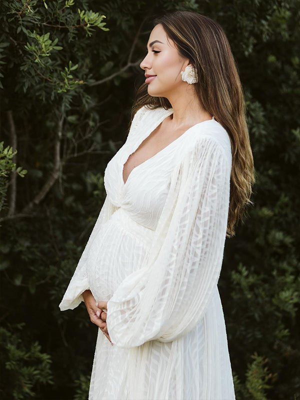 Cream White Ruched Backless Big Swing Lantern Sleeve Boho Maternity Maxi Dress for Maternity