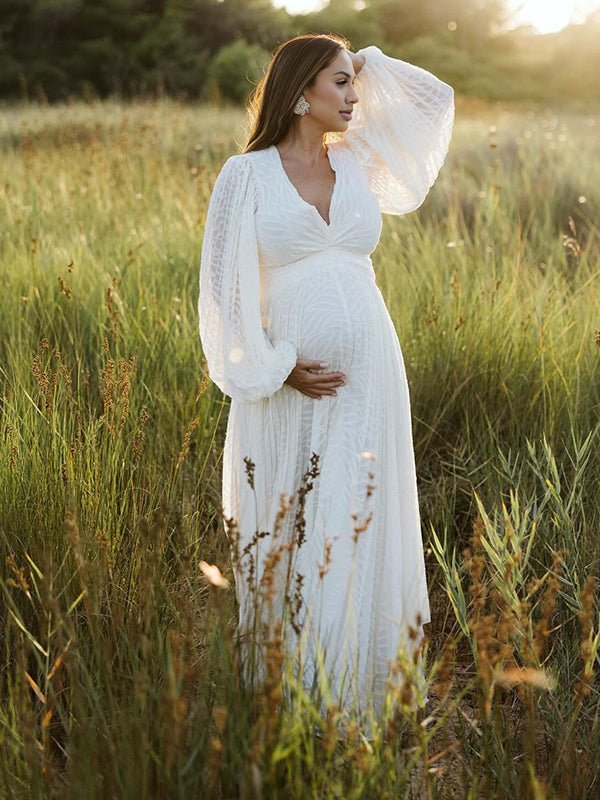 Cream White Ruched Backless Big Swing Lantern Sleeve Boho Maternity Maxi Dress for Maternity