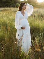Cream White Ruched Backless Big Swing Lantern Sleeve Boho Maternity Maxi Dress for Maternity
