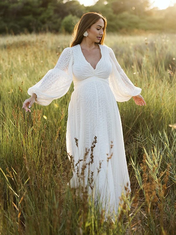 Cream White Ruched Backless Big Swing Lantern Sleeve Boho Maternity Maxi Dress for Maternity