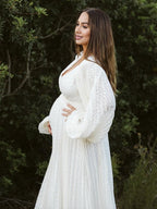 Cream White Ruched Backless Big Swing Lantern Sleeve Boho Maternity Maxi Dress for Maternity