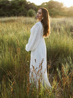Cream White Ruched Backless Big Swing Lantern Sleeve Boho Maternity Maxi Dress for Maternity