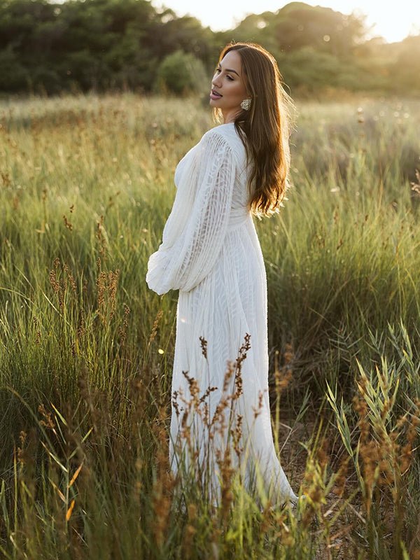 Cream White Ruched Backless Big Swing Lantern Sleeve Boho Maternity Maxi Dress for Maternity