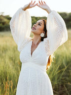 Cream White Ruched Backless Big Swing Lantern Sleeve Boho Maternity Maxi Dress for Maternity