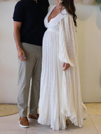 Cream White Ruched Backless Big Swing Maternity Maxi Dress for Maternity