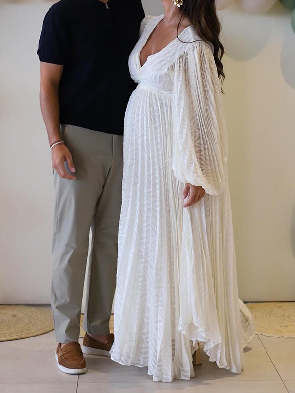 Cream White Ruched Backless Big Swing Maternity Maxi Dress for Maternity