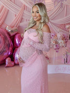 Pink Lace Off Shoulder Ruched Bodycon Bodice Sheer Maternity Maxi Dress for Maternity