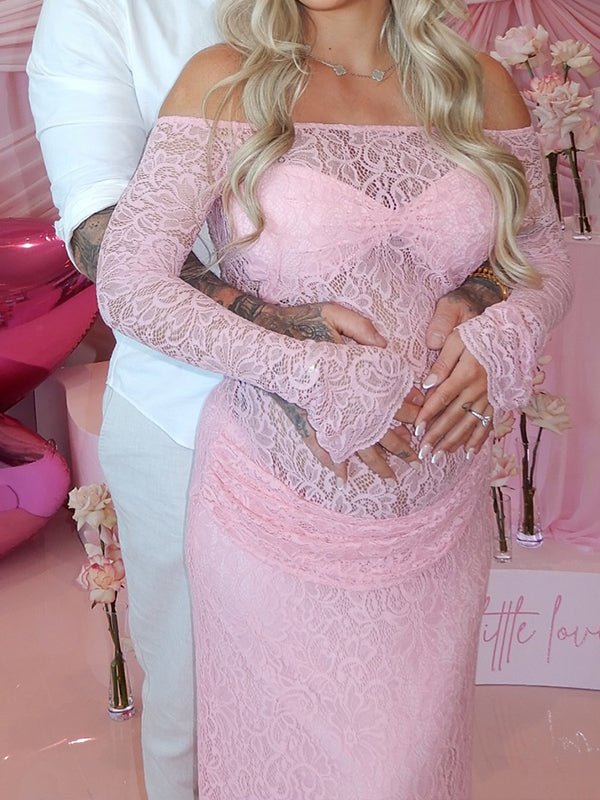 Pink Lace Off Shoulder Ruched Bodycon Bodice Sheer Maternity Maxi Dress for Maternity