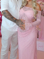 Pink Lace Off Shoulder Ruched Bodycon Bodice Sheer Maternity Maxi Dress for Maternity