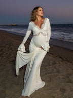 White Lace Ruffle Ruched Draped Big Swing Elegant Maternity Maxi Dress for Maternity
