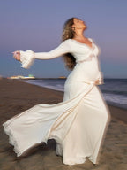 White Lace Ruffle Ruched Draped Big Swing Elegant Maternity Maxi Dress for Maternity