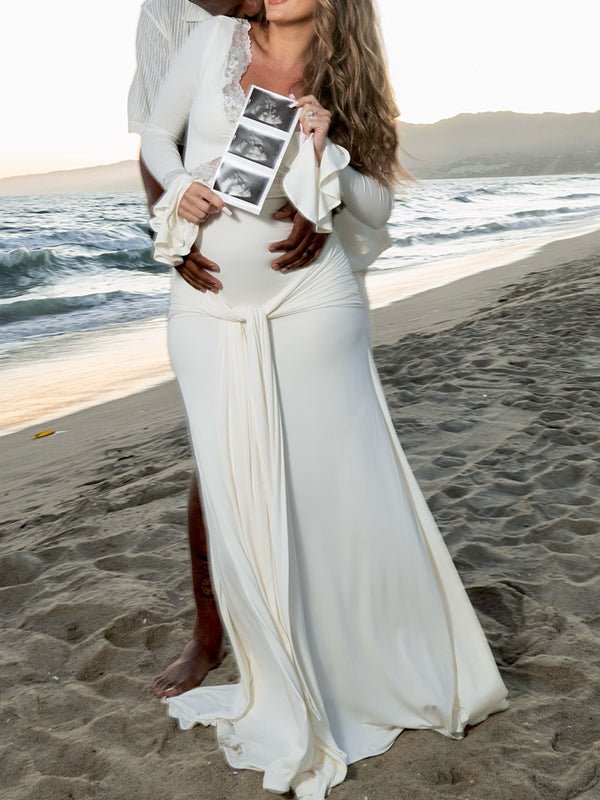 White Lace Ruffle Ruched Draped Big Swing Elegant Maternity Maxi Dress for Maternity