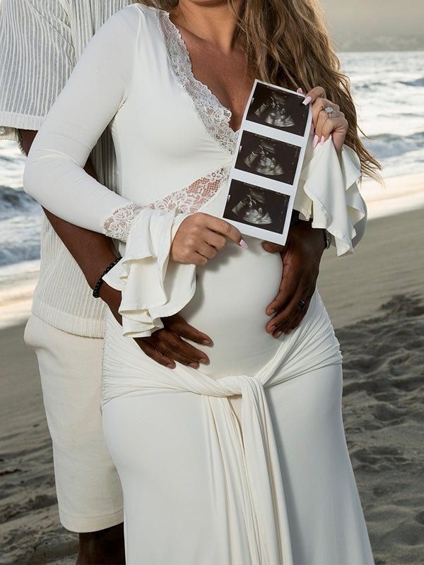 White Lace Ruffle Ruched Draped Big Swing Elegant Maternity Maxi Dress for Maternity
