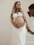 White Ruffle Ruched Smocked Buttons Crop Two Piece Set Maternity Maxi Dress for Maternity