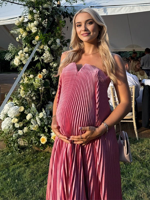 Rose Carmine Pleated Bandeau Baby Shower Maternity Maxi Dress for Maternity