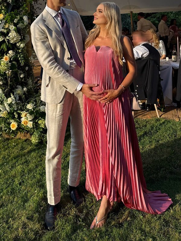 Rose Carmine Pleated Bandeau Baby Shower Maternity Maxi Dress for Maternity