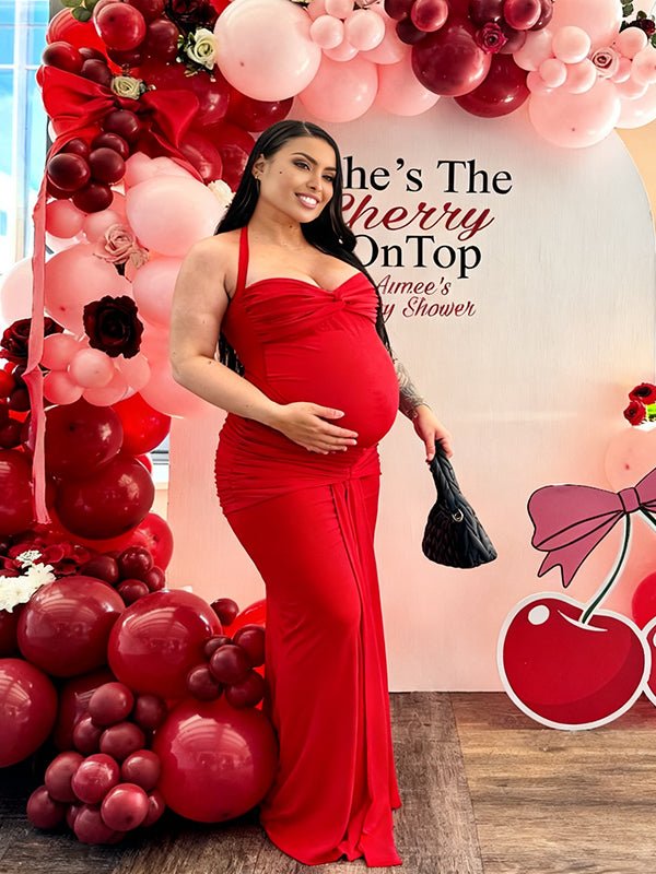 Red Mesh Ruched Draped Halter Neck Backless Maternity Baby Shower Maxi Dress for Maternity
