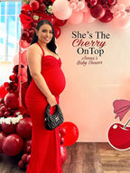 Red Mesh Ruched Draped Halter Neck Backless Maternity Baby Shower Maxi Dress for Maternity