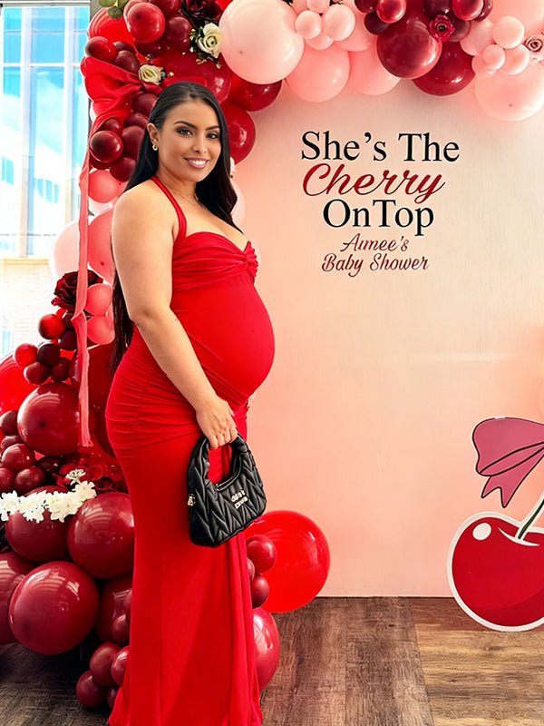 Red Mesh Ruched Draped Halter Neck Backless Maternity Baby Shower Maxi Dress for Maternity