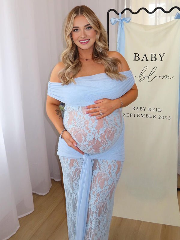 Blue Lace Mesh Off Shoulder Knot Ruched Draped Sheer Maternity Maxi Dress for Maternity