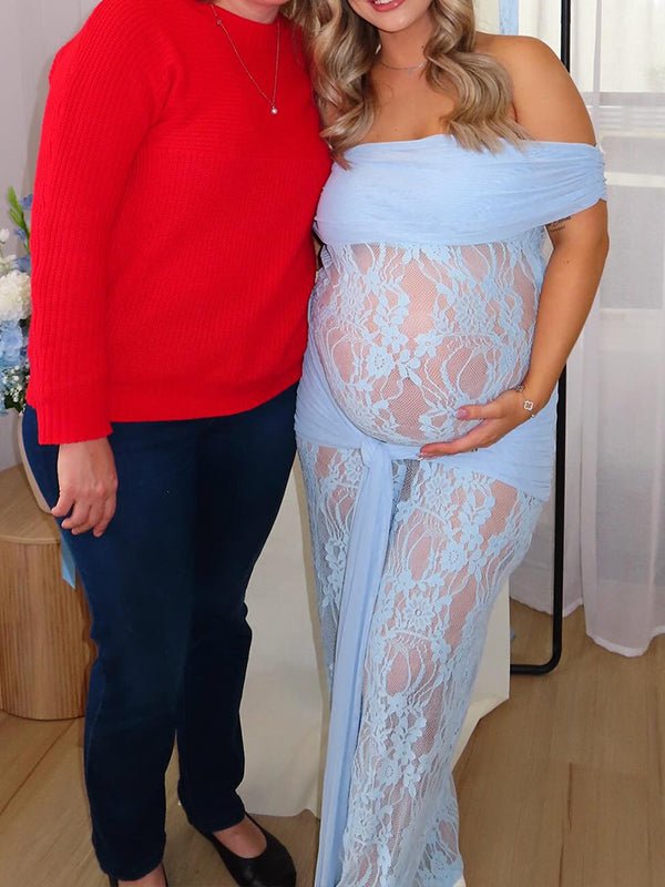 Blue Lace Mesh Off Shoulder Knot Ruched Draped Sheer Maternity Maxi Dress for Maternity