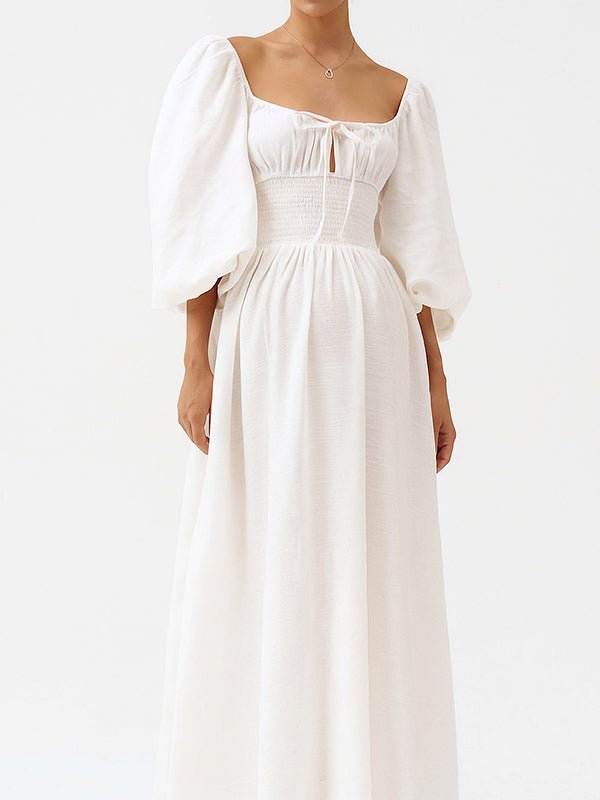 Floral Smocked Lace-up Off Shoulder A-line Maternity Maxi Dress for Maternity